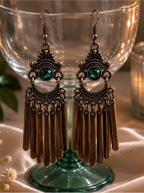Vintage-Inspired Green Stone Tassel Earrings - Women Jewelry